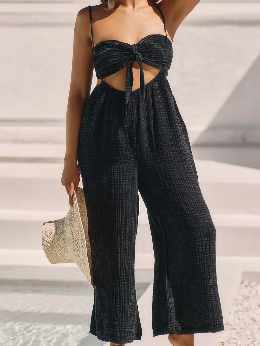 Anthropologie Black Cutout Tie-Front Wide-Leg Jumpsuit